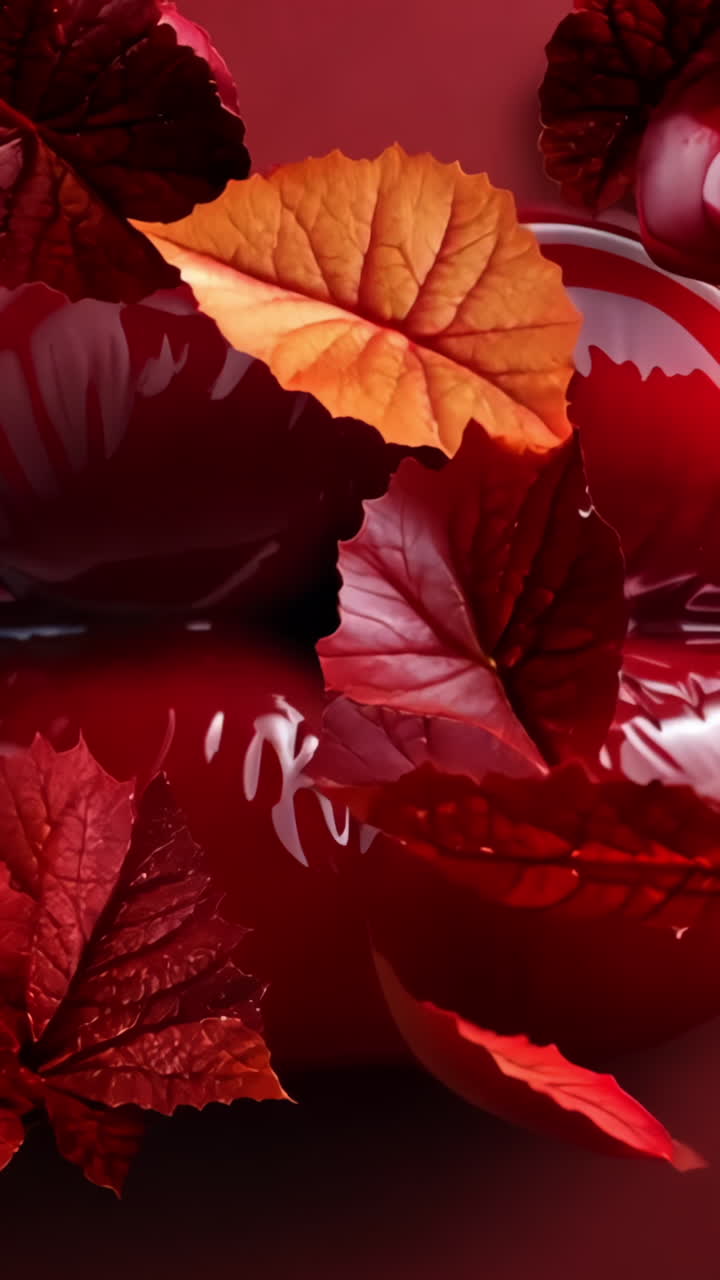 A red lip gloss is displayed on a red background with red leaves and cherries. The lip gloss is shiny and has a glossy finish