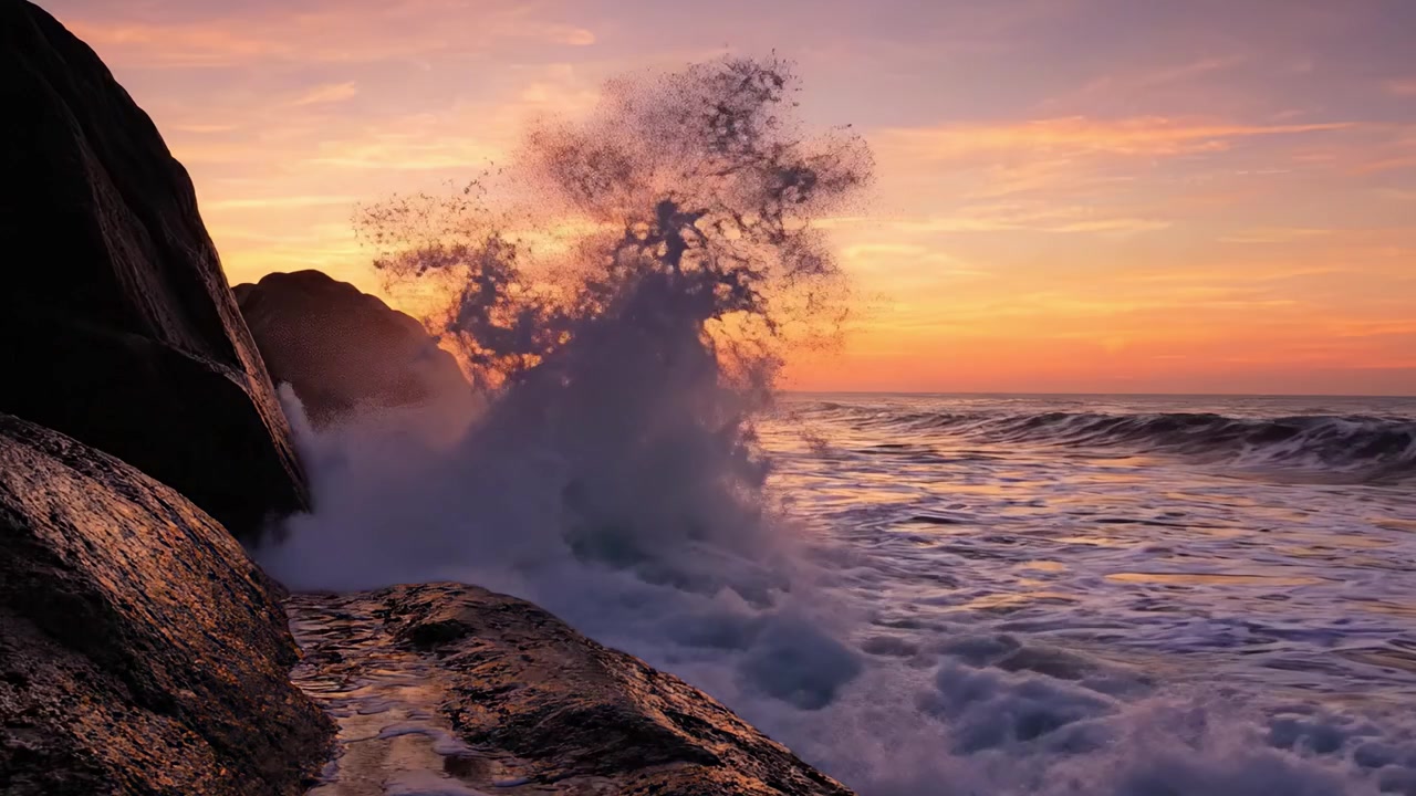 Tramonto affascinante sulle onde dell'oceano che si infrangono contro la costa rocciosa, con cieli incandescenti e scogliere in silhouette che riflettono il calore del crepuscolo.