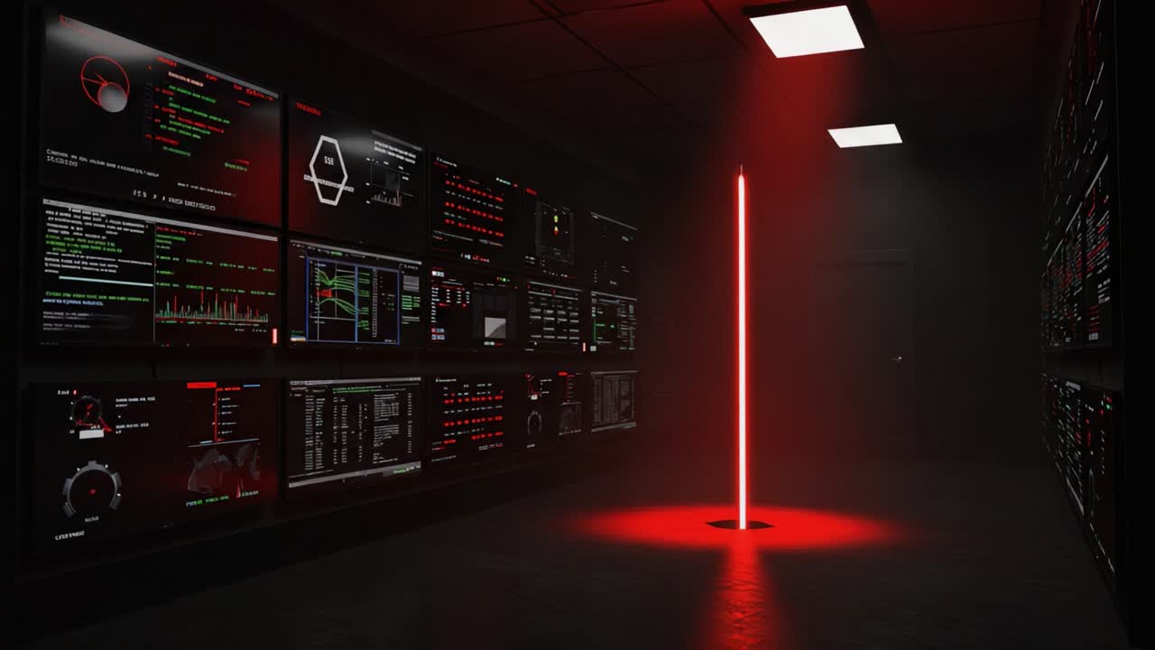 A Darkened Control Room Illuminated by a Glowing Red Beam, Featuring Monitors Displaying Complex Data and Graphics, Creating an Atmosphere of Suspense and Intrigue
