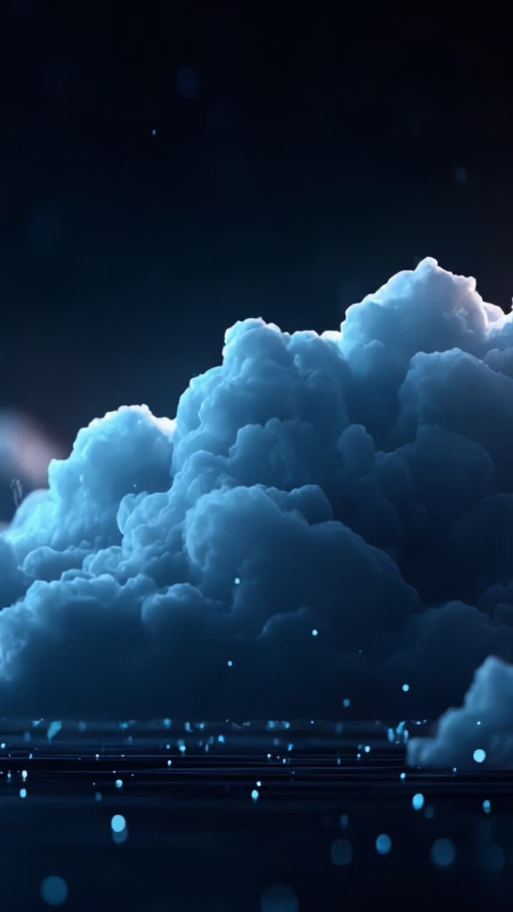 Eine faszinierende Ansicht von dichten blauen Wolken, die von sanftem Licht beleuchtet werden und eine verträumte Atmosphäre voller schimmernder Partikel und fesselnder visueller Tiefe erzeugen