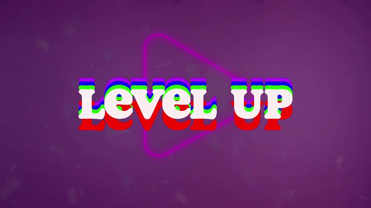 Animazione di banner di testo 'level up' su icona 'play' al neon su sfondo viola.
