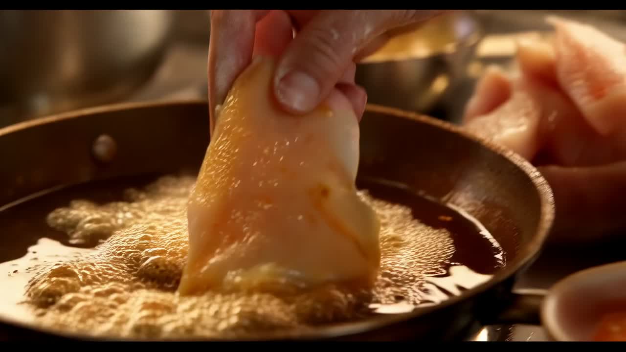 Dipping cook's hand coating raw fillet into egg in kitchen, plunging into hot pan for dinner