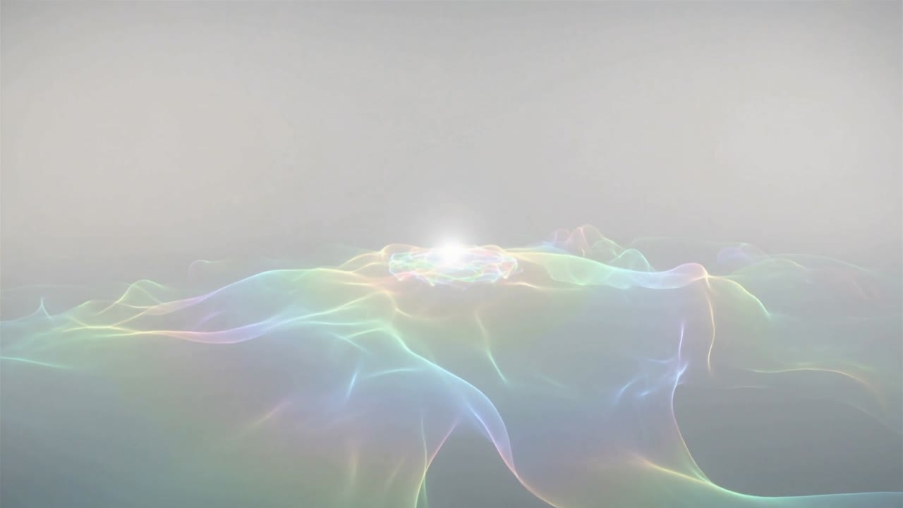 Pulsing ribbon field undulating, sending wisps across pale gray backdrop with central glow pulsing