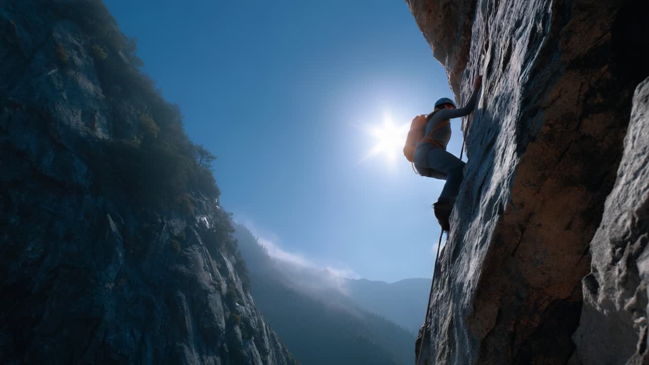 A dedicated climber conquers a challenging rock face under the warm sun, showcasing determination and skill amidst stunning mountainous scenery