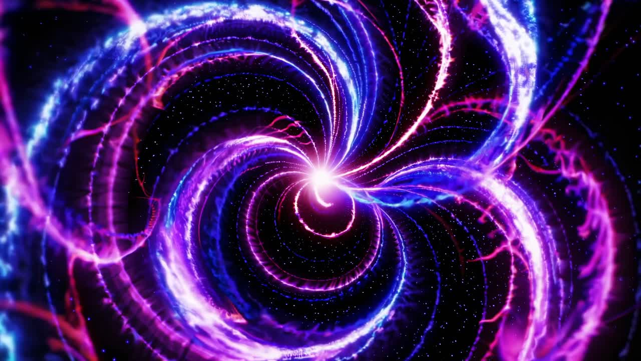 A mesmerizing, swirling vortex of neon lights in a cosmic setting, captured from a top-down angle