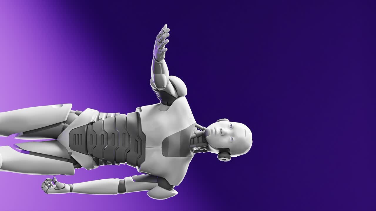 de prototipo humanoide vertical que mueve el brazo y muestra la palma de la mano espacio vacío para agregar objeto, fondo de cielo azul, inteligencia artificial escenario de tarea futurista animación de renderización 3d