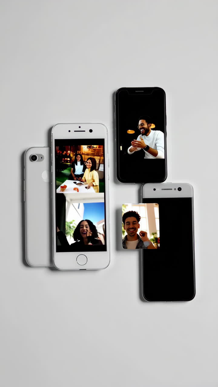 Multiple Smartphones Displaying Virtual Video Calls and Digital Communication
