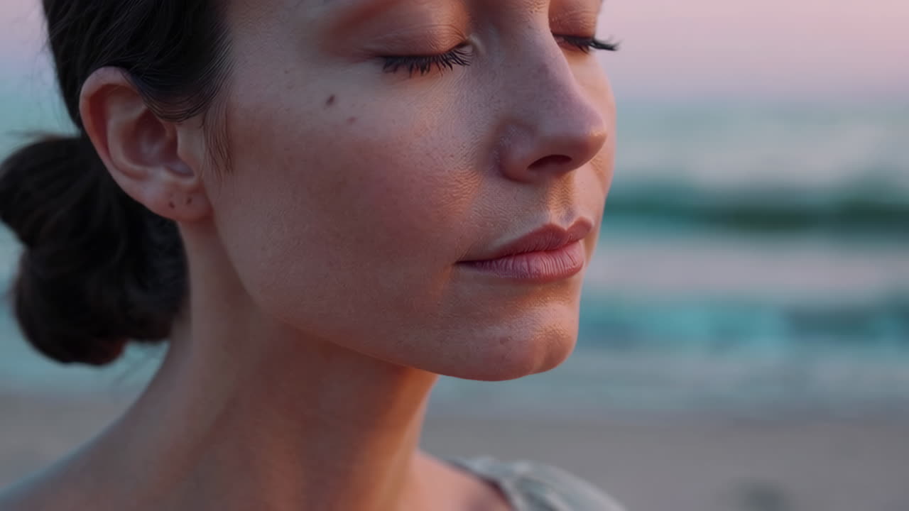 해가 지는 동안 해변 에서 명상 하는 여자