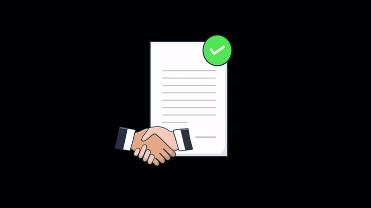 Animated Handshake Over Document with Green Checkmark