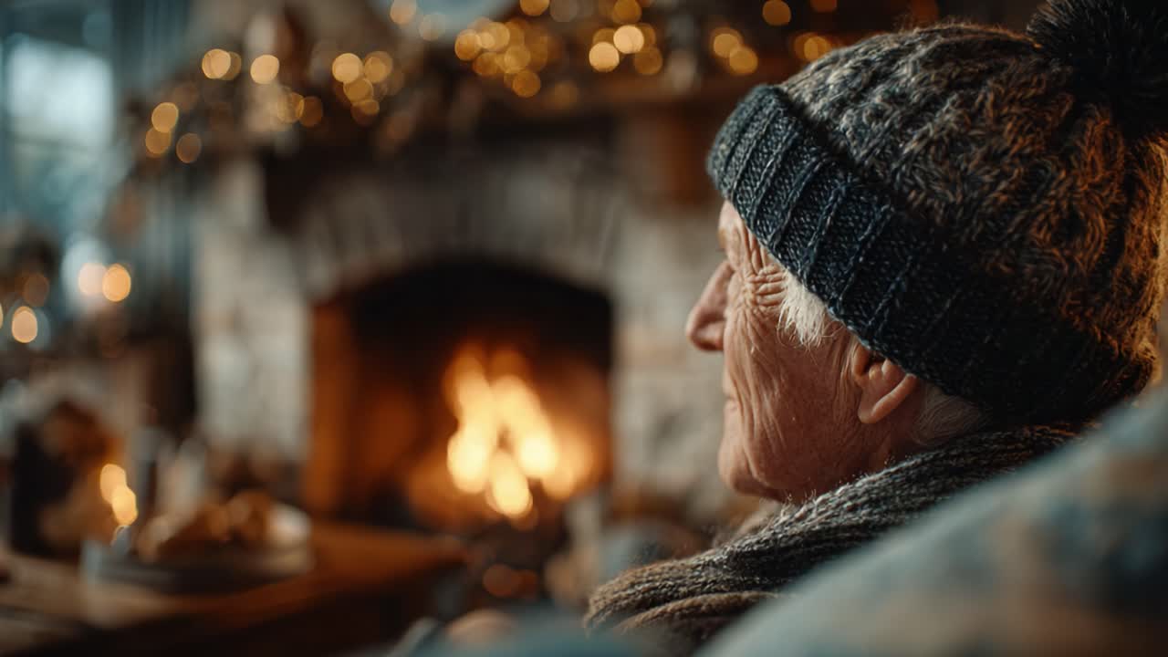Cozy and Warm: An Elderly Individual Enjoys a Peaceful Winter Evening by the Fireplace Surrounded by Soft Lights and Comforting Holiday Decorations