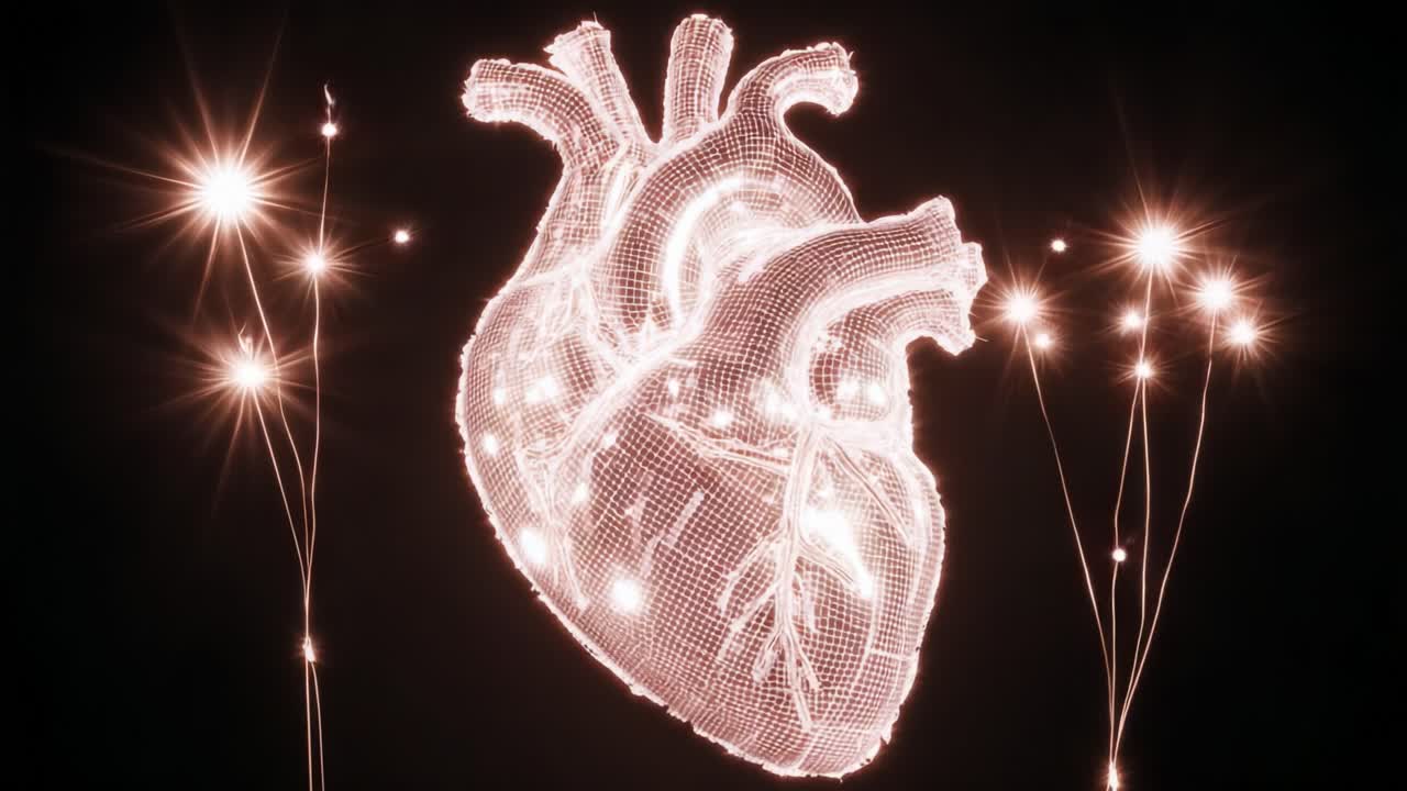 A radiant representation of a heart, illuminated with glowing sparks, showcasing the intricacies of love, emotion, and life through geometric patterns and enchanting light effects
