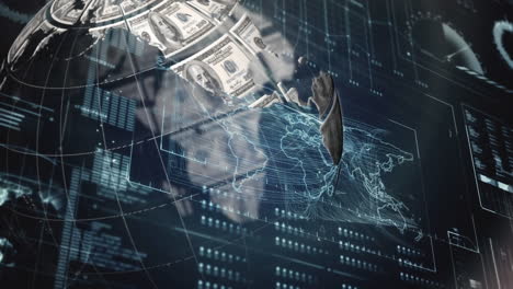 animation of data processing over globe formed with american dollar bills