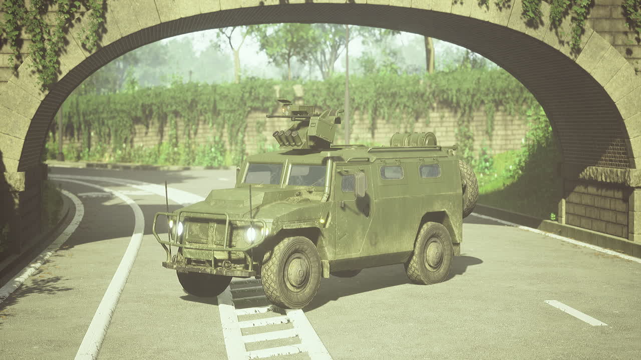Military vehicle navigating through a lush tranquil archway on a sunny day