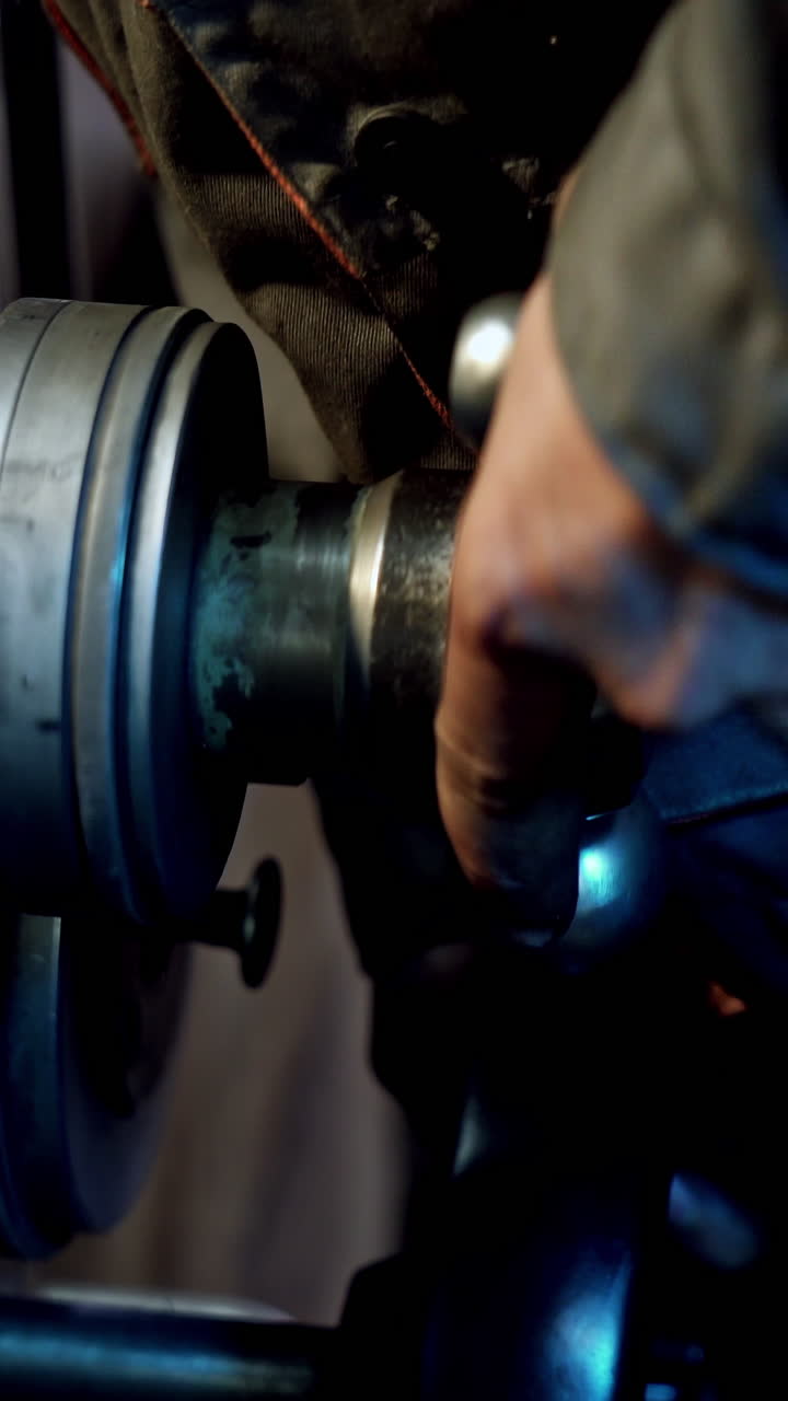 Industry manufacturing metalwork. Close up of hand heavy industrial worker is working on metal work factory process by performing mechanical turning operation at machine. Vertical video