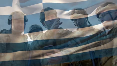 animación de la bandera de grecia sobre varios soldados masculinos con teléfonos inteligentes