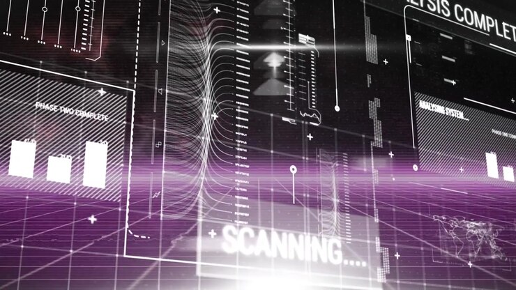 Animation of interface with data processing over purple grid network against black background