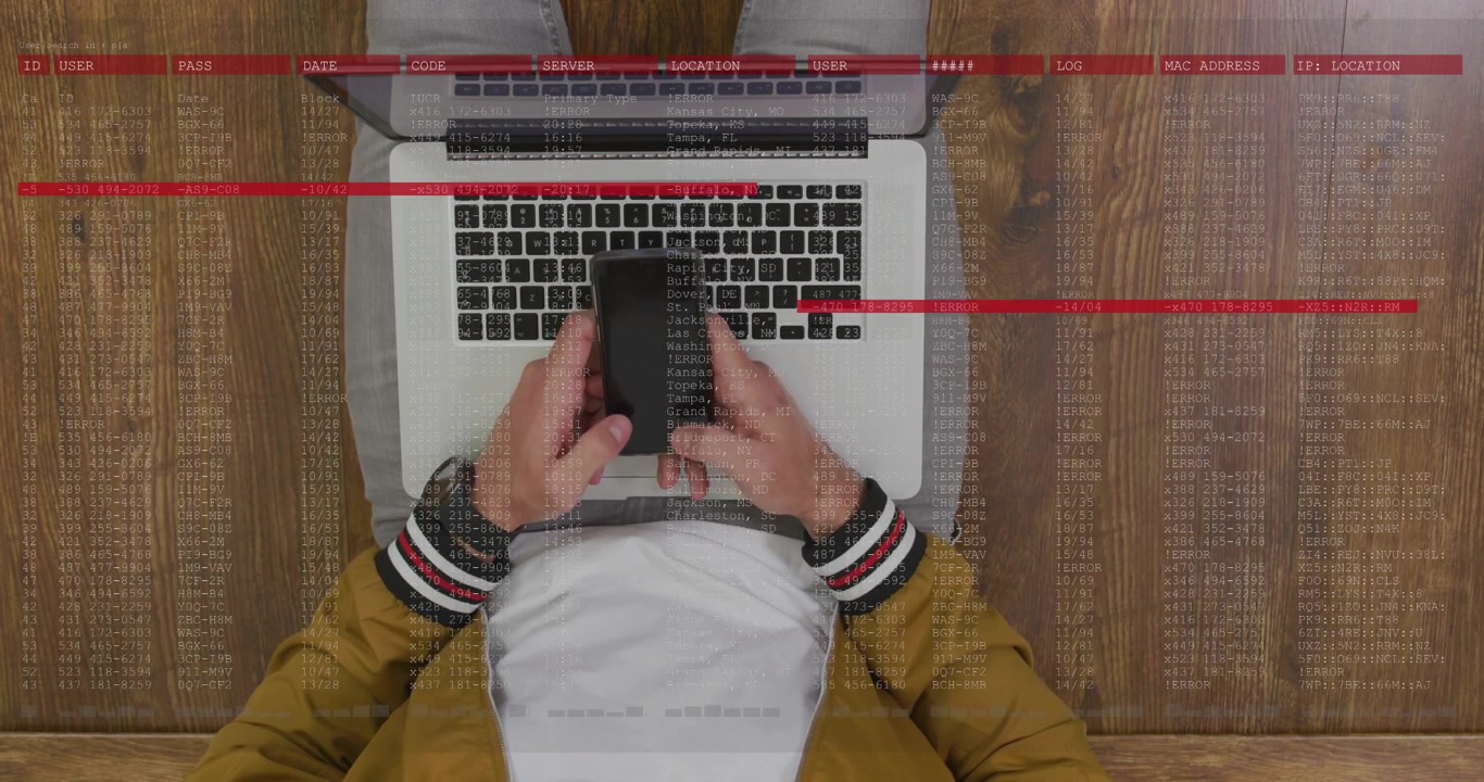 Red scan lines sweeping, seated man tapping phone above laptop, overlays rising, showing data