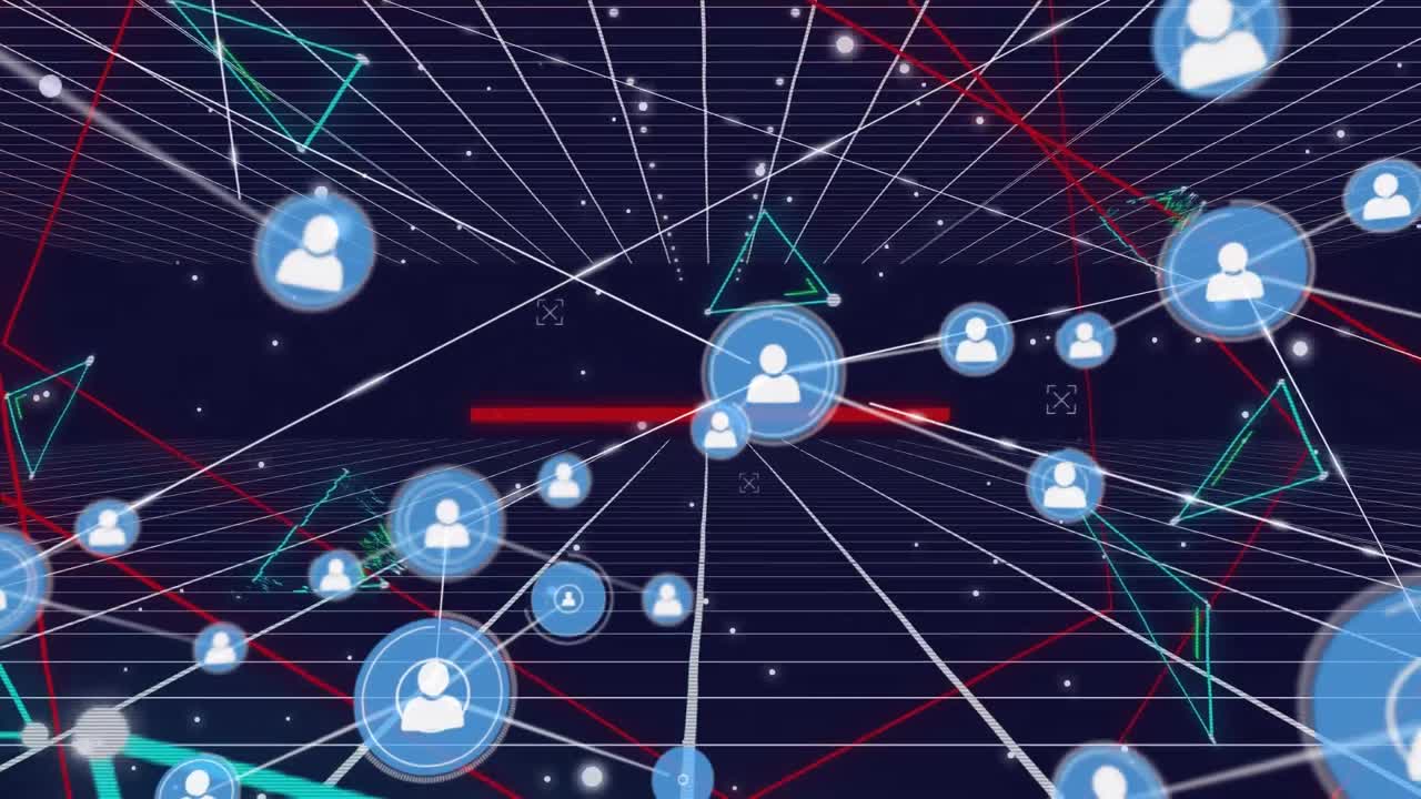 animación de la red de conexiones con iconos y formas sobre fondo negro