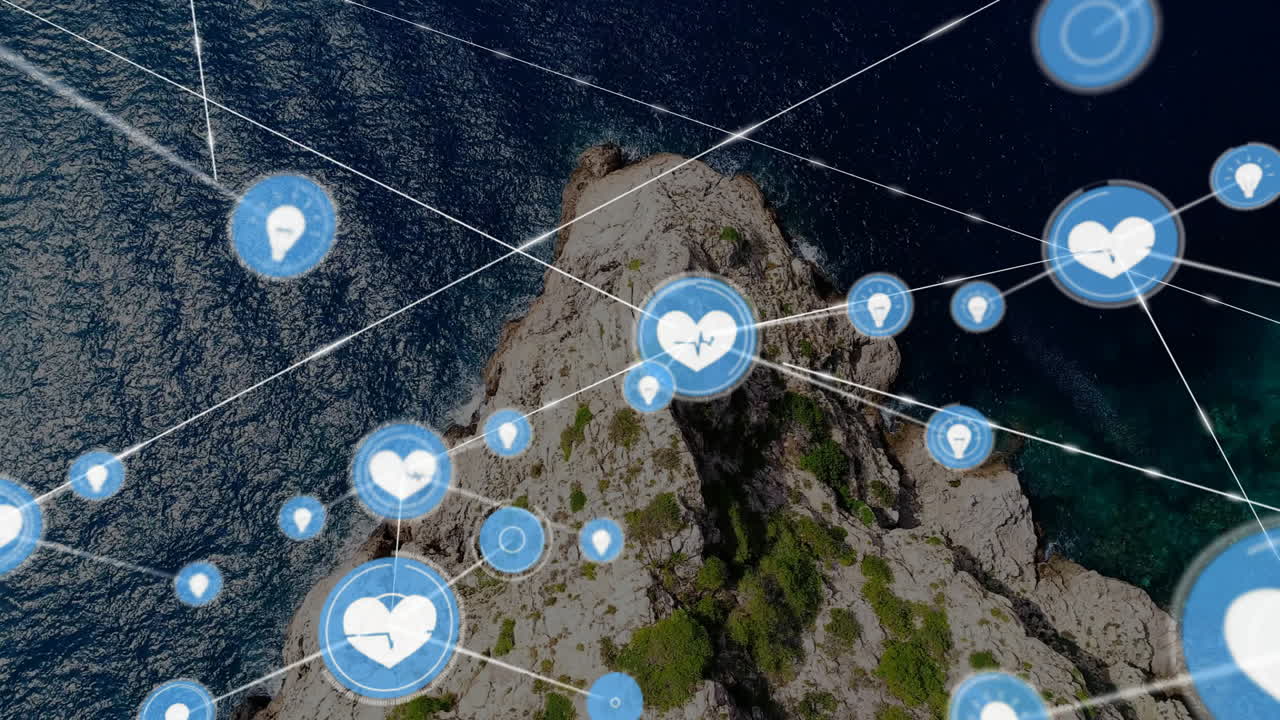 건강 아이콘과 네트워크 연결을 애니메이션화하여 바위 해안의 공중 시야를 볼 수 있습니다.