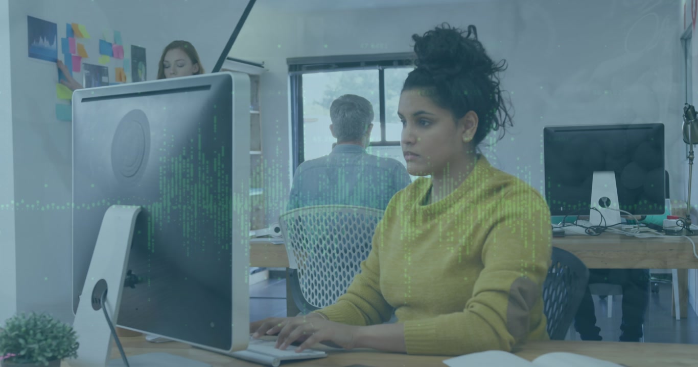 Animation of financial data processing over businesswoman working in office