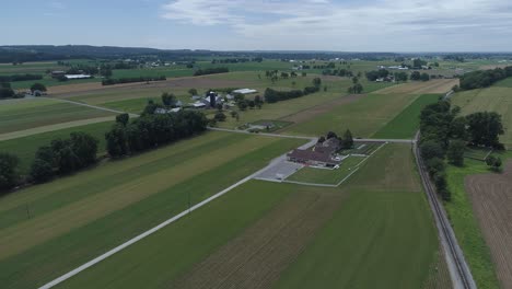 vista aérea de la tierra agrícola amish por vía férrea