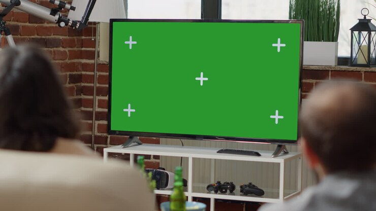 Young people on sofa looking at television with green screen