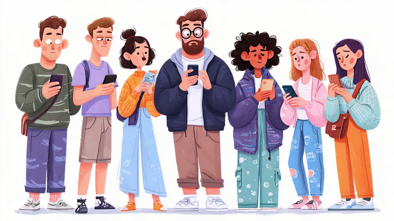 A Contemporary Gathering of Young Adults Engaged in Technology, Capturing the Digital Experience Through Their Devices in a Vibrant, Colorful Scene