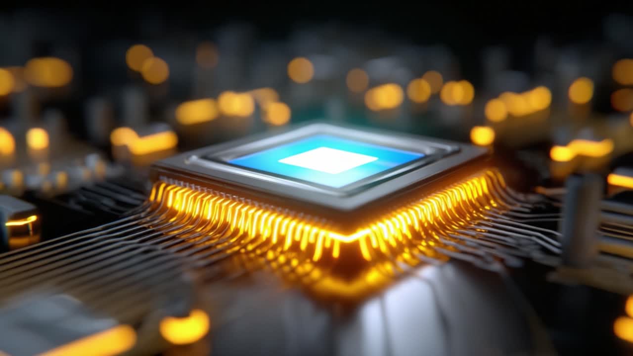 Nærbillede af en glødende mikroprocessorchip, der viser indviklede kredsløb og levende belysning, hvilket understreger teknologi og innovation inden for moderne elektronik.