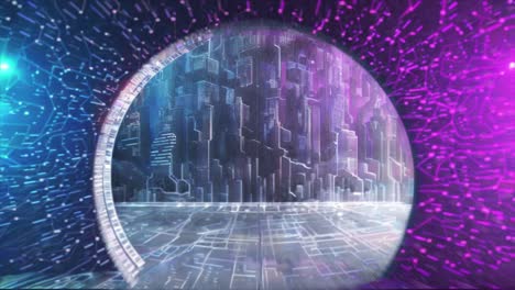 túnel de neón futurista con paisaje urbano virtual
