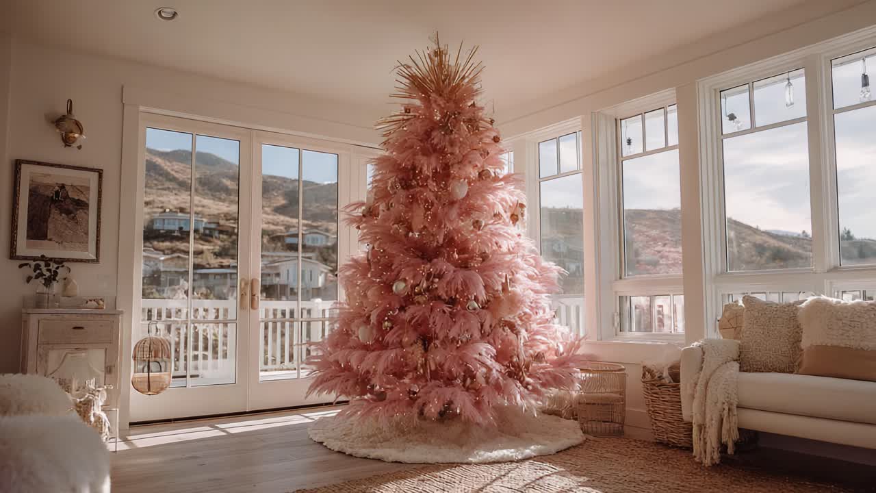 Ein üppiger, rosafarbener Weihnachtsbaum, geschmückt mit zarten Ornamenten und goldenen Akzenten, vor dem Hintergrund eines hellen und luftigen Wohnzimmers mit malerischer Aussicht