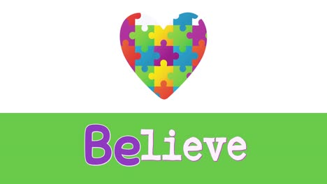 Animation-of-autism-colourful-puzzle-pieces-forming-heart-and-believe-text-on-white-and-green