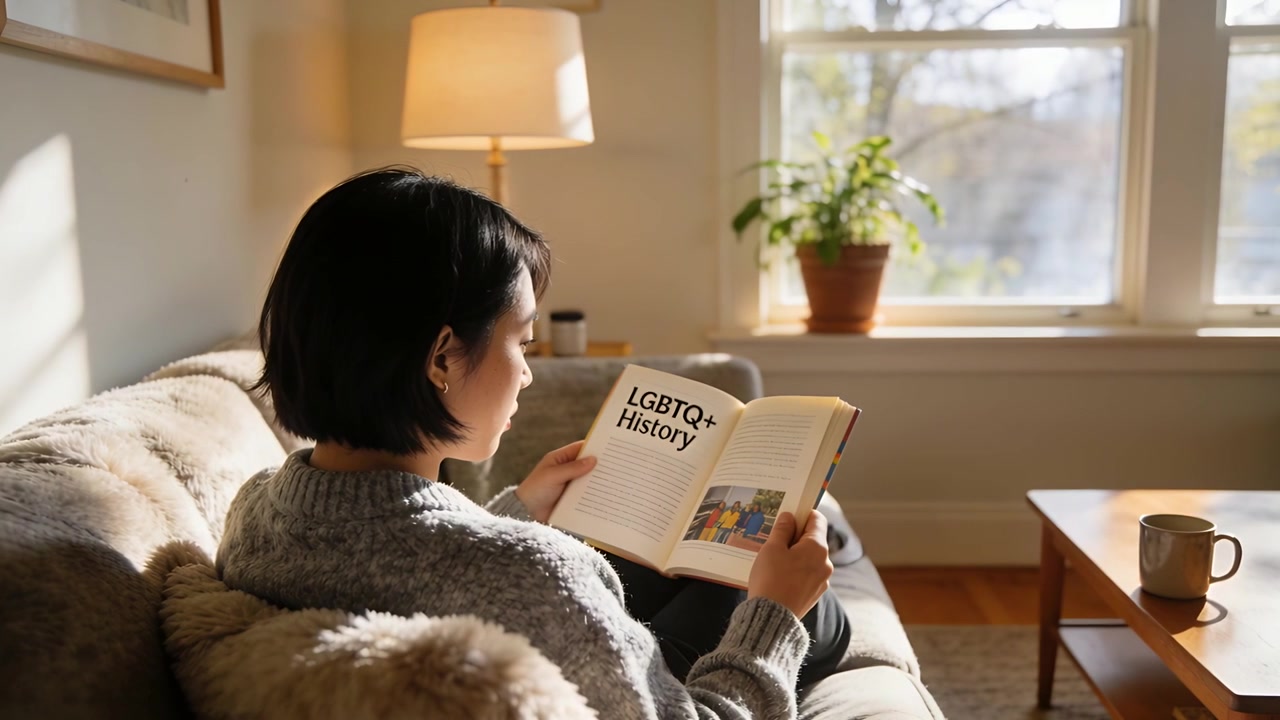 ผู้หญิงสวมเสื้อกันหนาวสีเทากำลังถือหนังสือปกอ่อน 'LGBTQ+ History' เอนตัวไปข้างหน้าอ่านหนังสือเพื่อศึกษาที่บ้าน