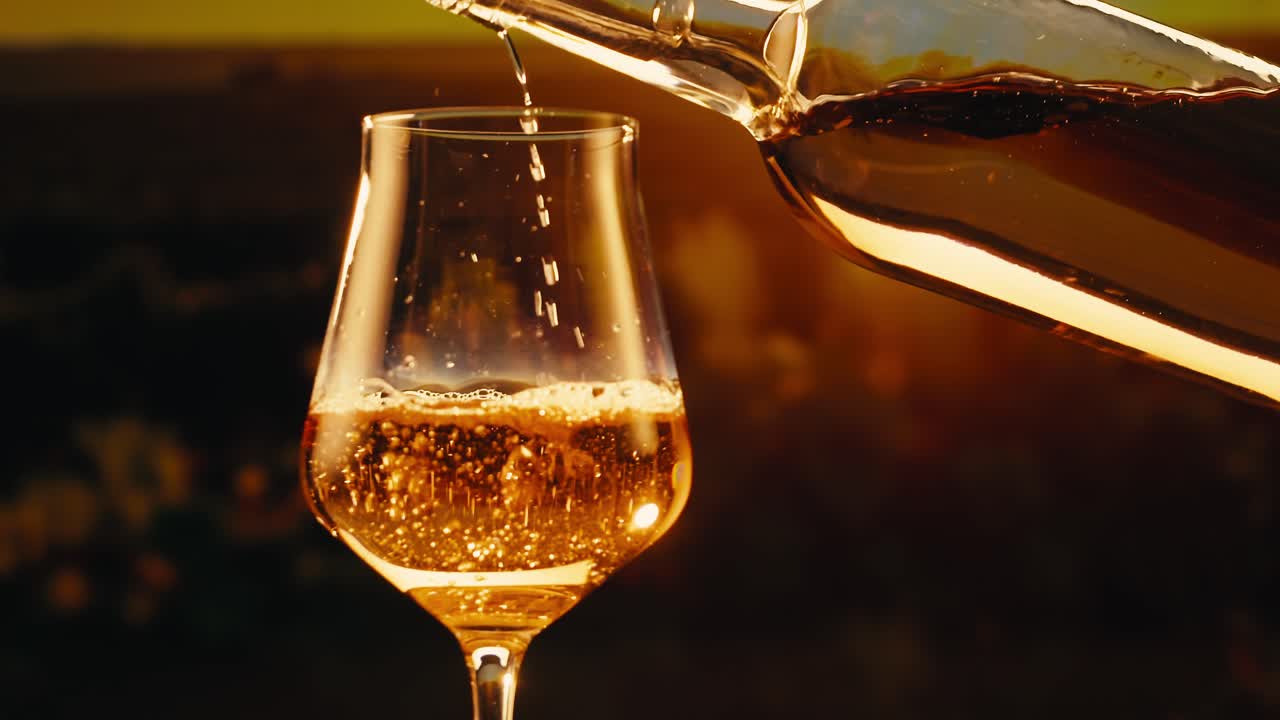Orange or white wine bottle and glass against a sunset in a peaceful vineyard, pouring of ecological natural wine.