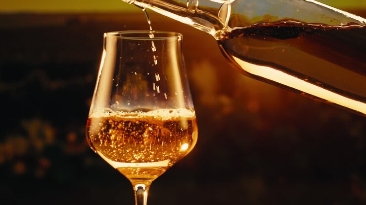 Orange or white wine bottle and glass against a sunset in a peaceful vineyard, pouring of ecological natural wine.