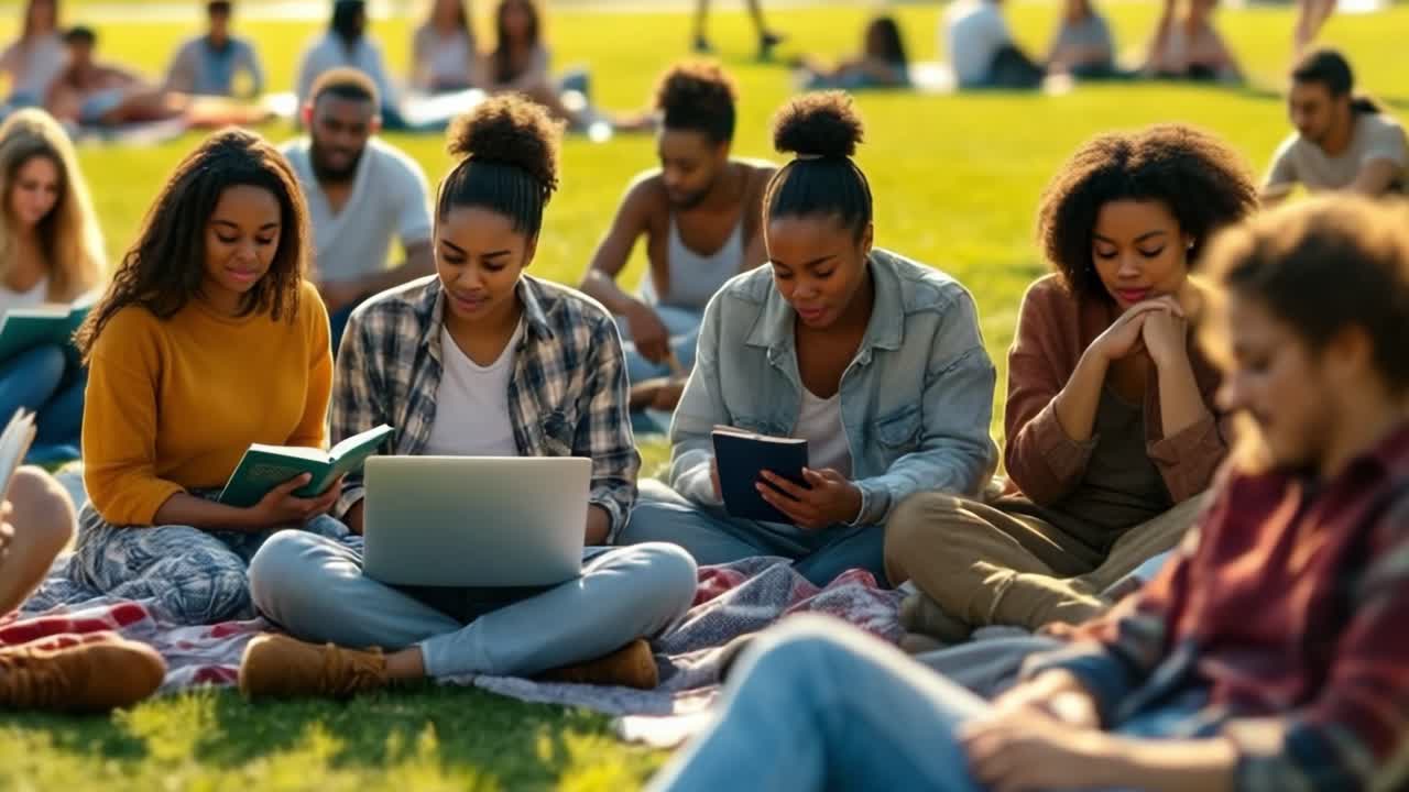 Students studying and collaborating outdoors on a sunny university campus