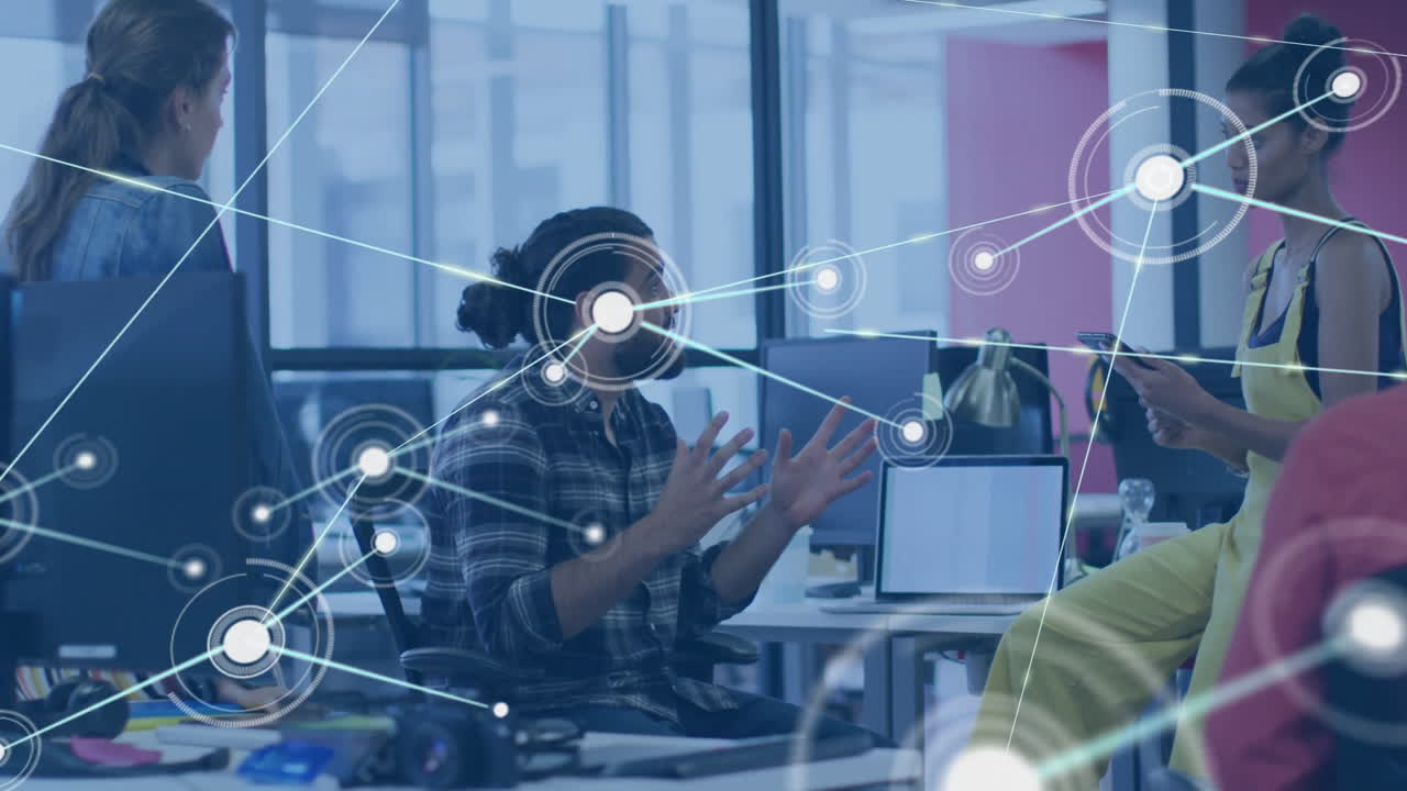 Network of connections and data processing animation over diverse team in office