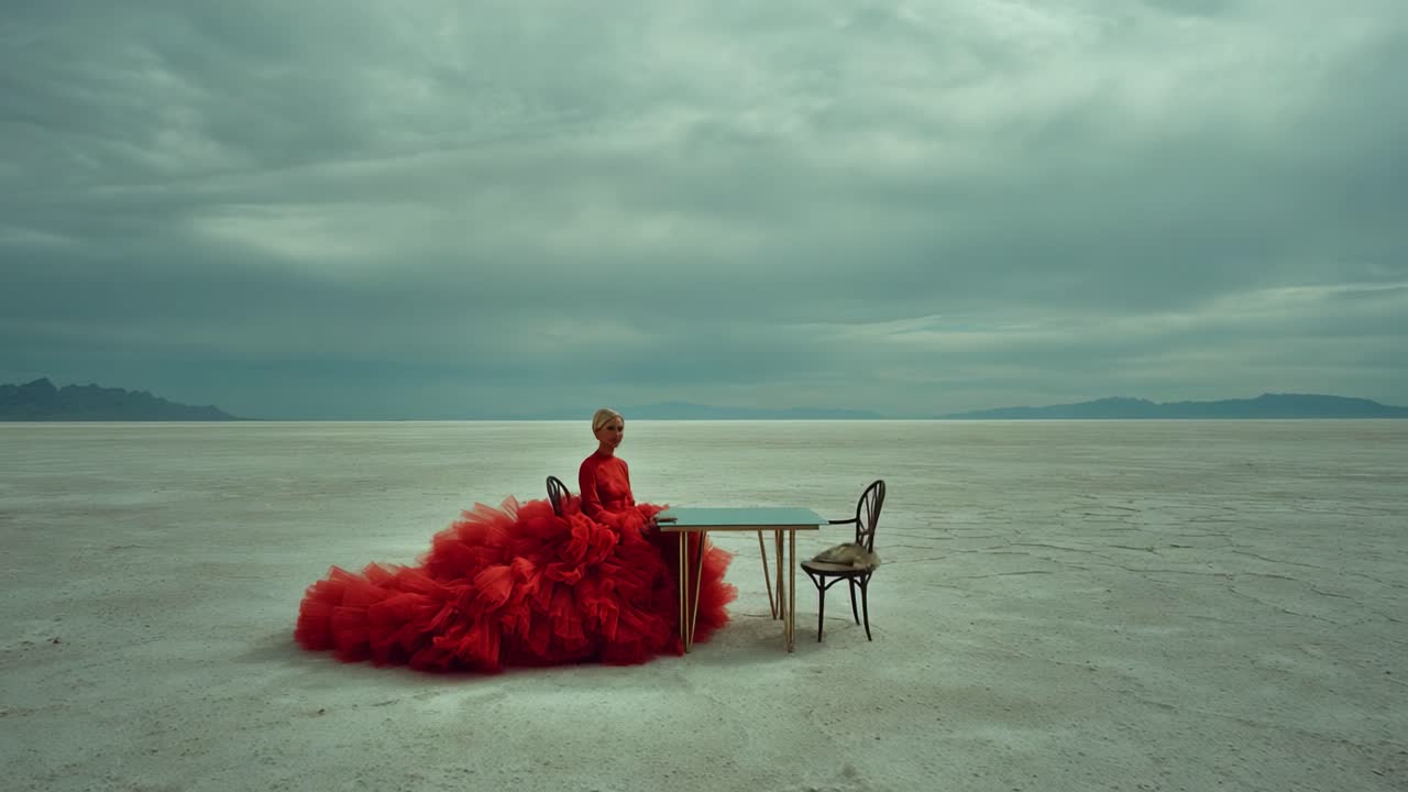 A striking figure in a mesmerizing, flowing red gown seated at a minimalistic table in a vast, surreal landscape, conveying deep emotions against the backdrop of shadowy mountains and an overcast sky