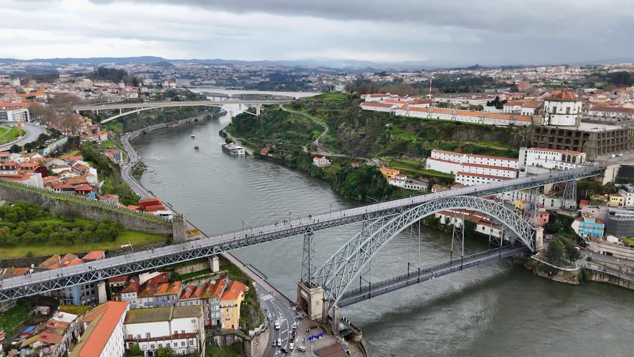 Aerial view of Porto showing bridge Ponte Luis I and Douro river
