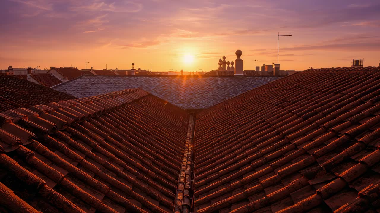 Brightening V shaped clay tiled roofs as sun rising casting warm light over rooftop, showing gutter