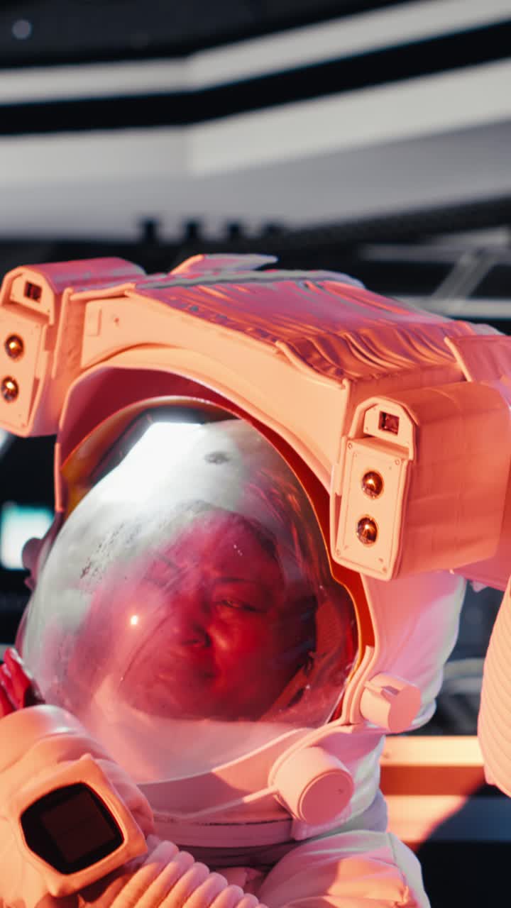 Vertical video Portrait of astronaut wearing helmet before stepping out of space station