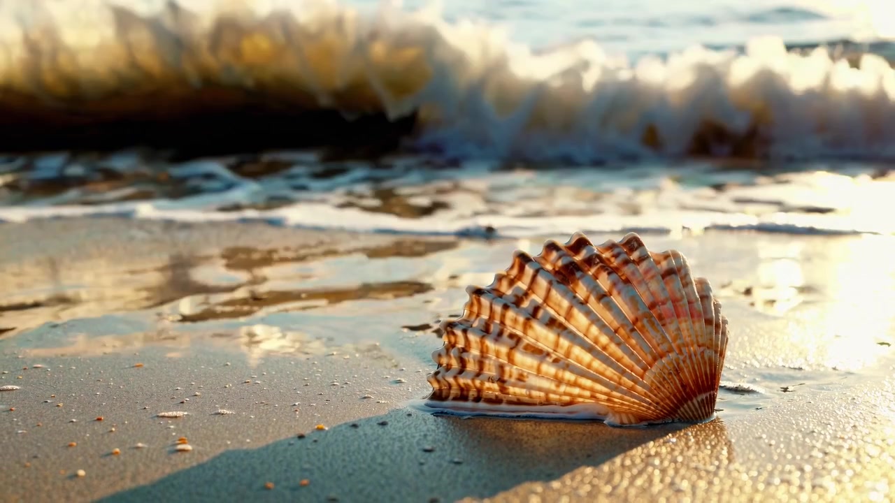 Primo piano di una conchiglia sulla spiaggia mentre le onde si infrangono a riva al tramonto