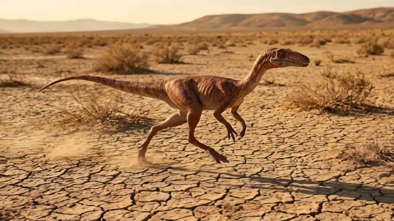 Velociraptor che corre in un paesaggio desertico