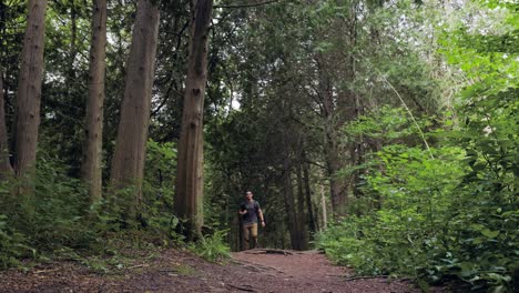 solo male hiker walks through forest trail towards camera waves and smiles to trail runner passing, static low angle shot