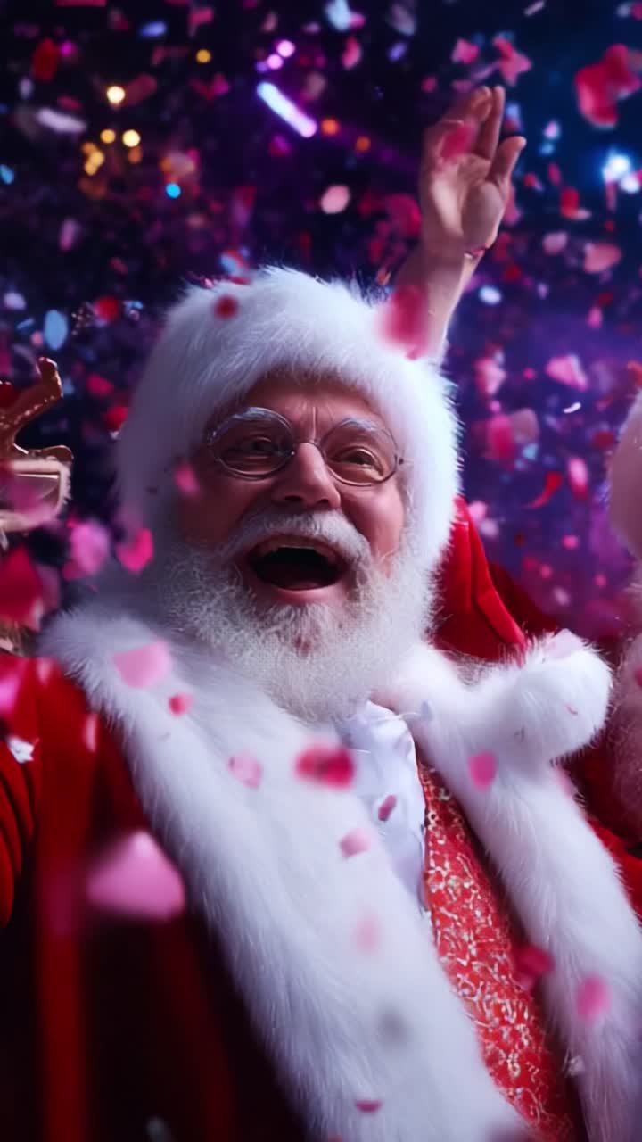 Joyful Santa Celebrating Amidst Colorful Petals and Confetti, Spreading Holiday Cheer and Festive Vibes in a Magical Atmosphere Filled with Laughter and Delight for Everyone Present