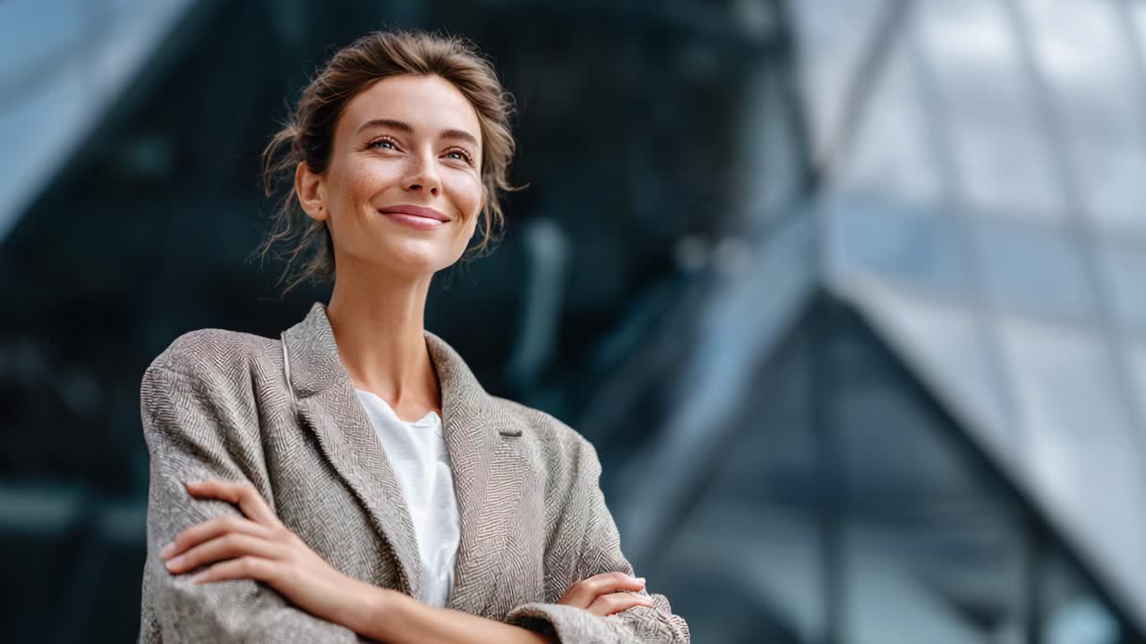 Donna sicura di sé in abbigliamento professionale, sorridente mentre si trova di fronte a una moderna struttura architettonica, che emana professionalità e positività