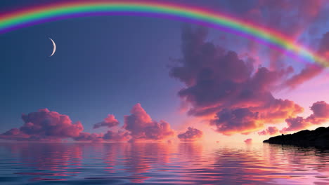 rainbow sunset over calm waters with moon