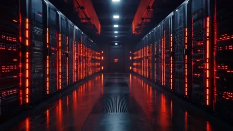 a long hallway in a server room with rows of servers