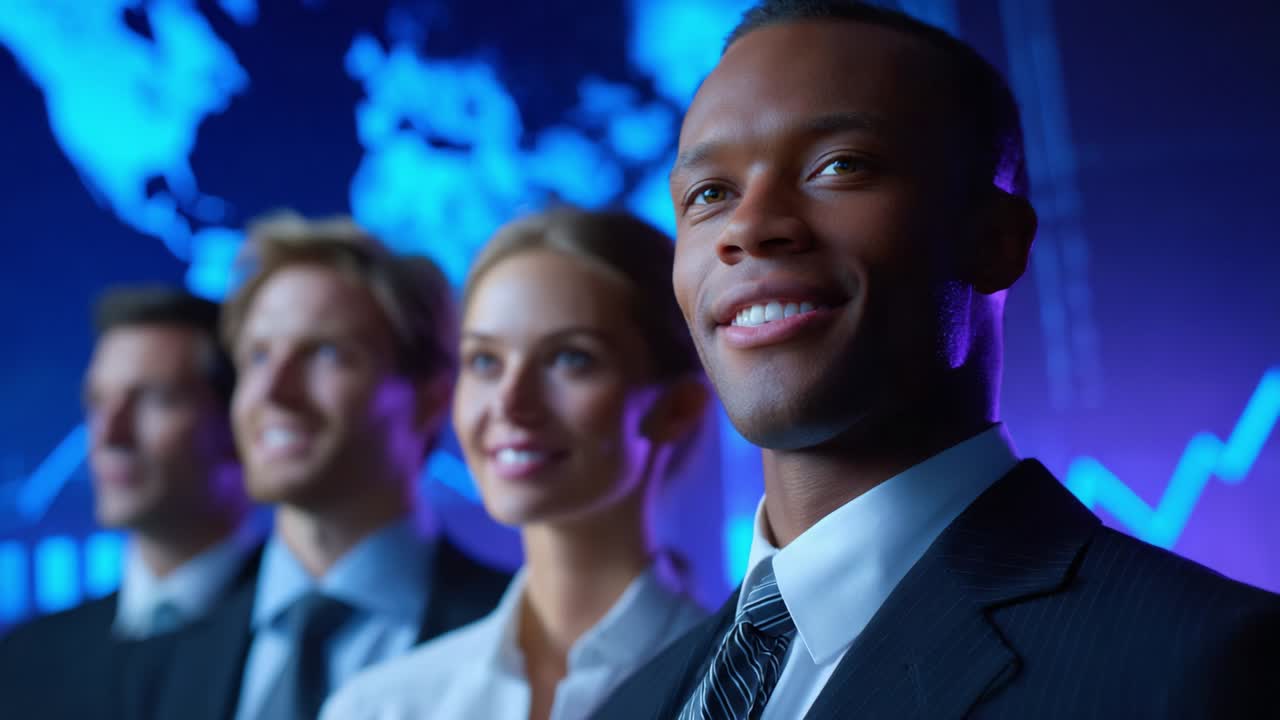 A group of business professionals in front of a world map and stock chart