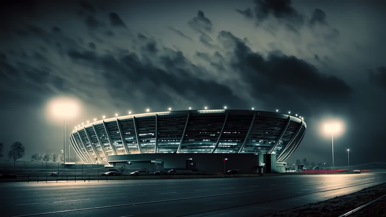 Modern Stadium at Night with Light Trails and Dark Sky
