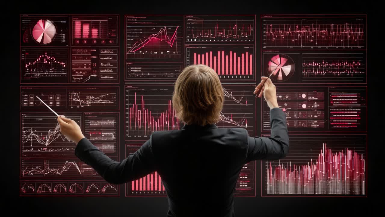 Un data analyst che interpreta grafici complessi su uno schermo digitale, impegnato nell'analisi delle tendenze con movimenti precisi e attenzione chiara